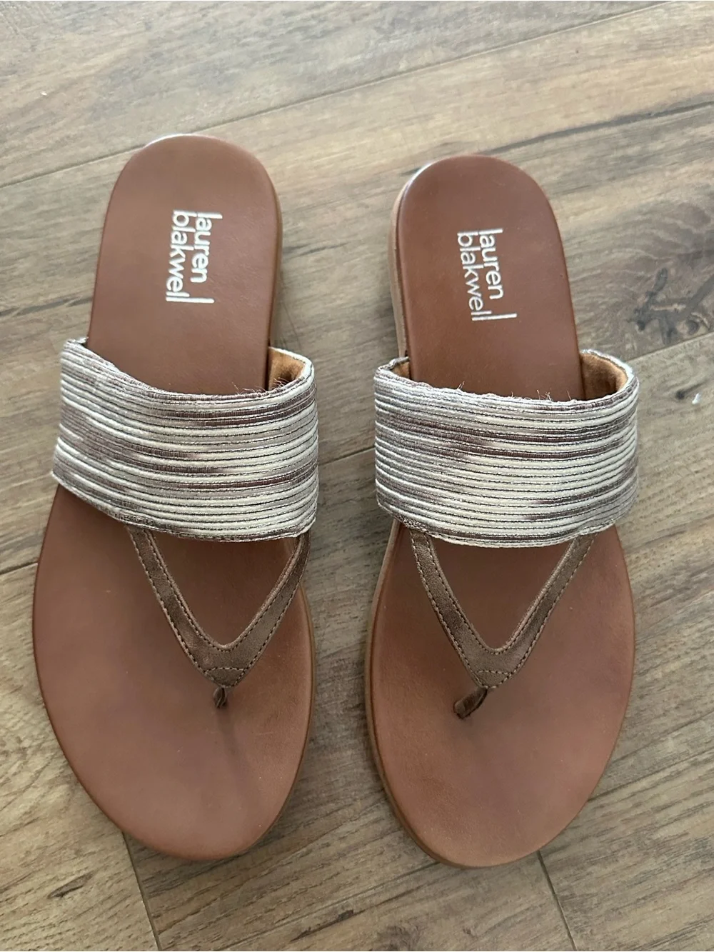 Lauren Blakwell Brown Leather Toe-Post Sandals with Cream Woven Strap